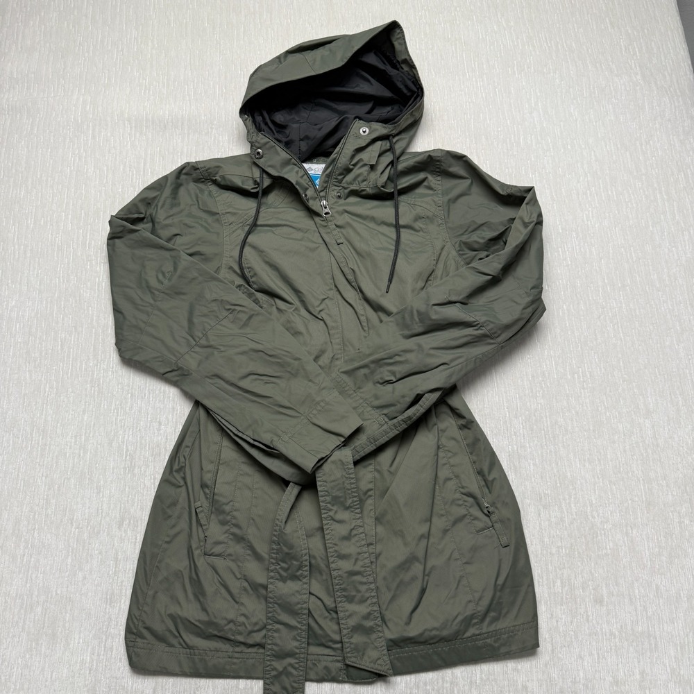 Columbia Omni Shield Belted Rain Coat Fitted Womens Small Green Hooded Feminine